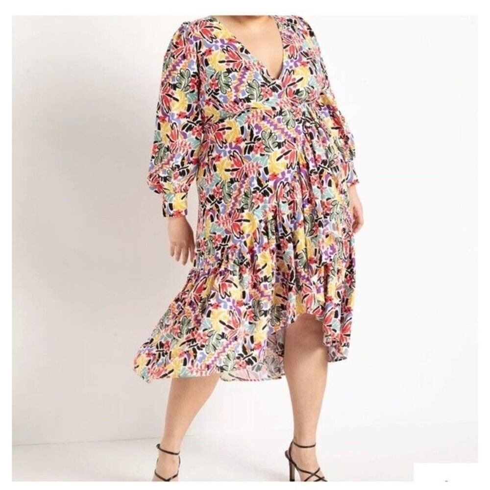 Eloquii Women 20 Red Multicolor Ruffle Puff Sleeve Midi Dress Faux Wrap